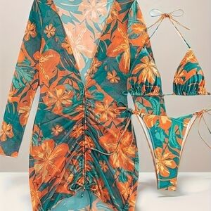 Tropical Floral Mesh Cover-Up & Bikini Set - Teal & Orange